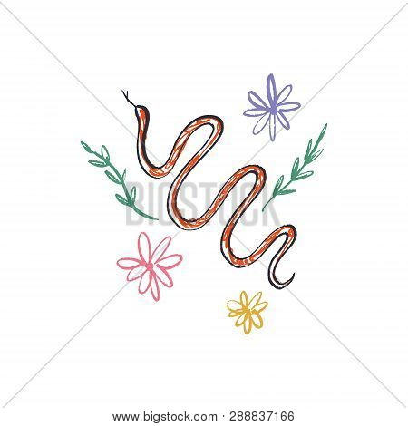 Snake With Flowers Doodle Stylish Fashion Sketch