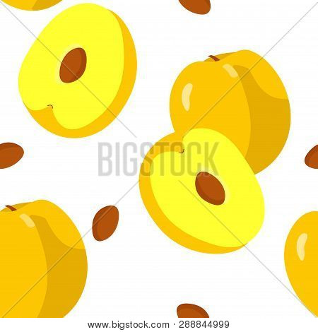 Seamless Pattern With Fruit And Seeds. Vector Drawing Of Yellow Cherry Plum. Prunus Cerasifera, Alyc