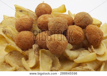 Fried Mixed Fast Food Potatoes And Olive Ascolane