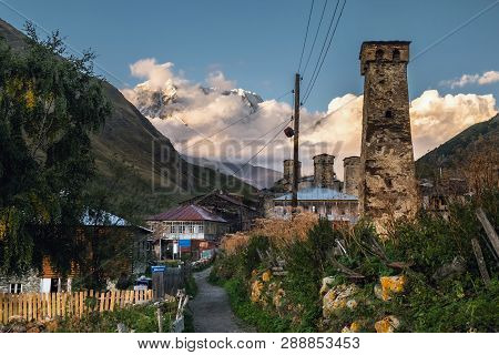 Mountain Landscape With Famous Georgian Village Ushguli In The Sunset Light