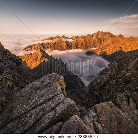 Mountains Landscape with Inversion in the Valley at Sunset as seen From Rysy Peak in High Tatras, Slovakia