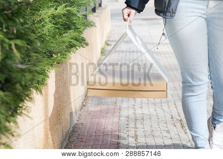 Woman Carrying Bag With Pizza Boxes. Take Away Pizza. Street Walk Pizza To Go