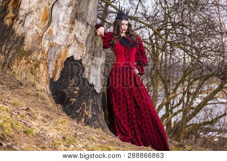 Art Photography Concepts. Mysterious Beautiful Fairy Medieval Princess In Red Dress And Spiky Black 