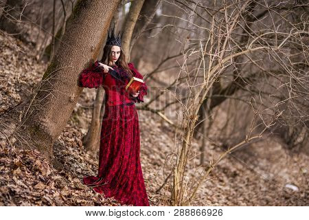 Art Photography. Gorgeous Mysterious Fairy Princess In Red Dress And Black Crown With Old Book. Posi