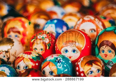 Colorful Russian Nesting Dolls Matreshka At Market. Matrioshka Babushka Nesting Dolls Are Most Popul