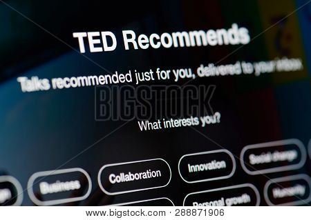New York, Usa - March 11, 2019: Ted Talks Recommended List On Laptop Screen Close Up