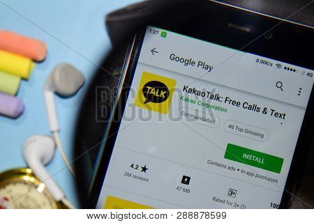 Bekasi, West Java, Indonesia. March 12, 2019 : Kakaotalk: Free Calls & Text Dev App With Magnifying 