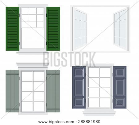 Set Of Different Windows With Shutters Vector Illustration