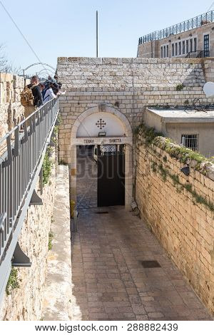 Jerusalem, Israel, March 09, 2019 : The Entrance To Custodia De Terra Santa Near To New Gate In Old 