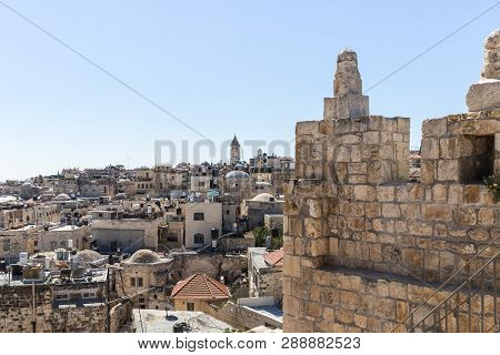 Jerusalem, Israel, March 09, 2019 : The Fagment Of The City Wall Near The Damascus Gate In Old City 