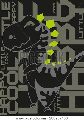 Cute Dinosaur Poster. Cartoon Dino Black Background. Vector Illustration.
