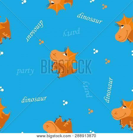 Seamless Dinosaur Pattern. Animal Bright Blue Background With Orange Dino. Vector Illustration.