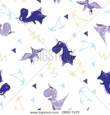 Seamless Dinosaur Pattern. Animal White Background With Colorful Dino. Vector Illustration.