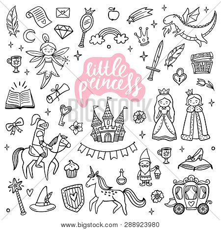 Cute Fairy Tale And Magic Objects. Hand-drawn Cartoon Elements Isolated On White Background. Doodle 