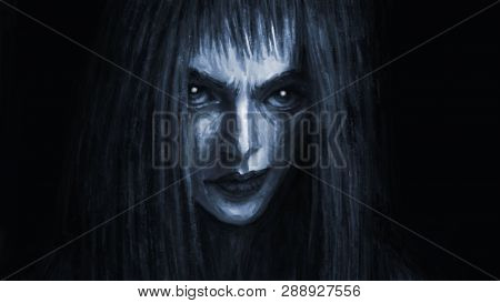 Pretty Face Of Scarred Girl Appears From Darkness And Smiles. Illustration In Genre Of Fantasy. Blue