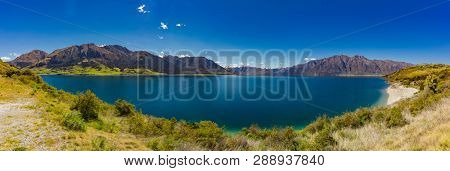 Panoramic vibrant photos of Lake Hawea and mountains, South Island, New Zealand