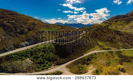 Panoramic drone aerial photos of Lake Hawea and mountains, South Island, New Zealand