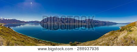Panoramic vibrant photos of Lake Hawea and mountains, South Island, New Zealand