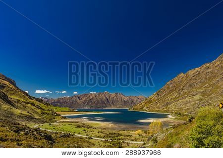 Panoramic vibrant photos of Lake Hawea and mountains, South Island, New Zealand