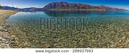 Panoramic vibrant photos of Lake Hawea and mountains, South Island, New Zealand