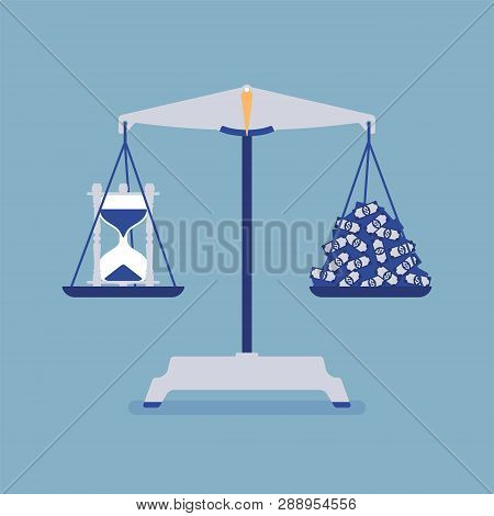 Time And Money Scales Tool Good Balance. Metaphor Of Harmony, Pleasant Agreement Of Profit And Life 