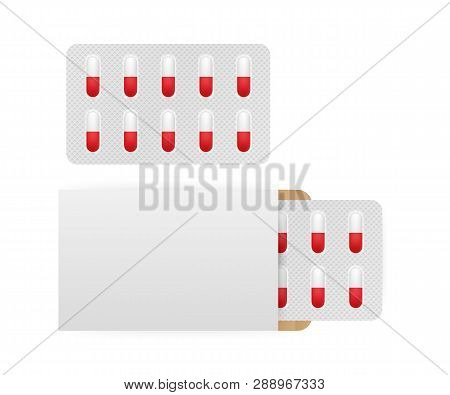 White 3d Blister Pack Of Tablet Isolated On White Background. Vector Stock Illustration.