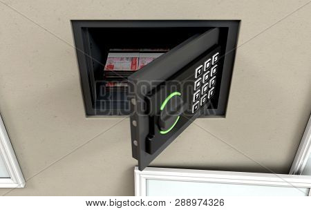 Open Wall Safe And Banknotes
