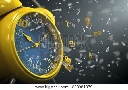 A Yellow Vintage Desk Clock With Its Numbers Smashing Through The Glass Screen On A Dramtic Spotlit 