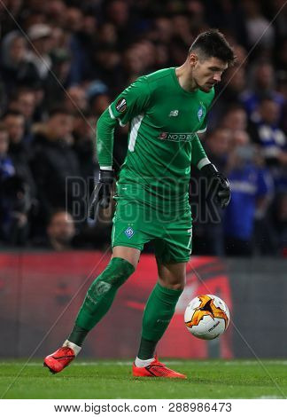 LONDON, ENGLAND - MARCH 7 2019: Denys Boyko of Dynamo Kiev  during the Europa League match between Chelsea and Dynamo Kyiv at Stamford Bridge.