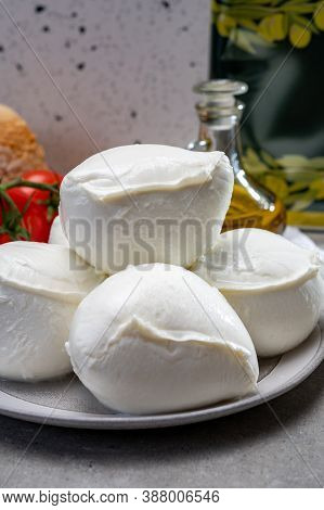 Fresh Handmade Soft Italian Cheese From Campania, White Balls Of Buffalo Mozzarella Cheese Made From