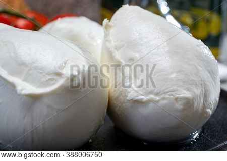 Fresh Handmade Soft Italian Cheese From Campania, White Balls Of Buffalo Mozzarella Cheese Made From