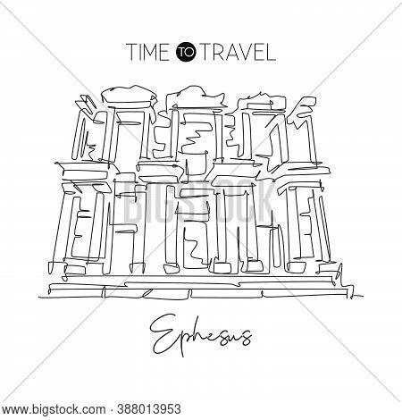 Single Continuous Line Drawing Ephesus Ancient Greek Landmark. Beauty Famous Place In Selçuk Ismir, 