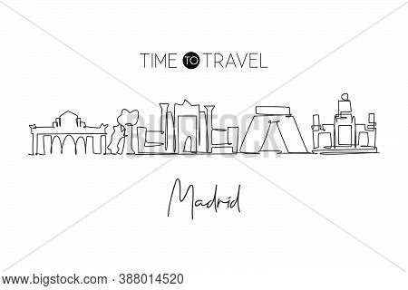 One Single Line Drawing Of Madrid City Skyline, Spain. Historical Skyscraper Landscape In World Post