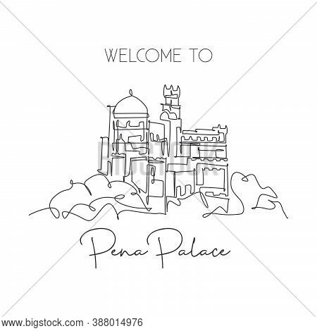 One Single Line Drawing Pena Palace Landmark. World Famous Iconic Castle In Sintra, Portugal. Touris