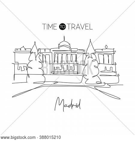 One Continuous Line Drawing Royal Palace Of Madrid Landmark. Historical Palacio Real De Madrid In Sp