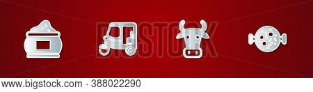 Set Indian , Taxi Tuk Tuk, Cow And Chicken Tikka Masala Icon. Vector