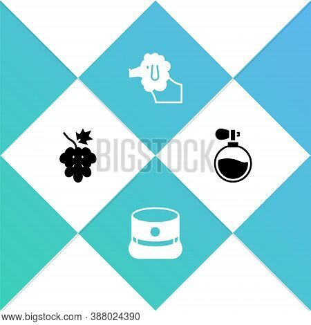 Set Grape Fruit, Kepi, Poodle Dog And Perfume Icon. Vector