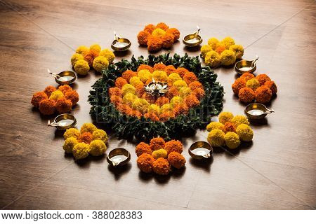 Flower Rangoli Or Design Pattern Or Arrangement For Indian Festivals