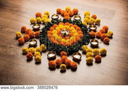 Flower Rangoli Or Design Pattern Or Arrangement For Indian Festivals