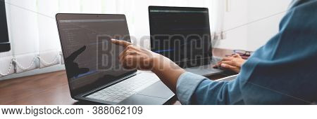 Software Developer Or Programmer Working Data Debugging Improvement Binary Algorithm On Desktop Pc I