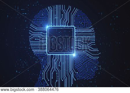 Abstract Circuit Chip Hologram In Robot Head. Computing And Innovation Concept. 3d Rendering