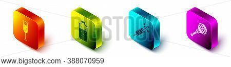 Set Isometric Glass Of Champagne, Mulled Wine, Firework Rocket And Maracas Icon. Vector