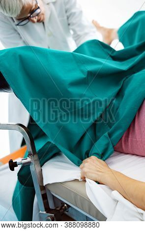 Beautiful Young Woman Lying In Gynecology Clinic Doing Examination, Health Care Gynecology Contol
