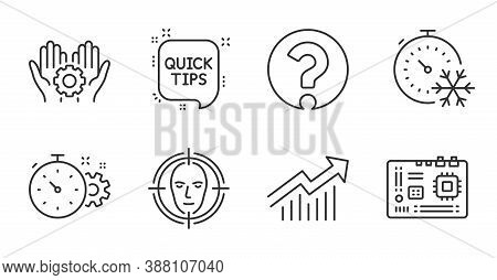 Motherboard, Demand Curve And Question Mark Line Icons Set. Freezing Timer, Face Detect And Cogwheel