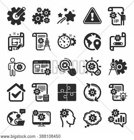 Engineering Icons. Set Of Idea Bulb, Dividers Tools And Blueprint Icons. Cogwheel, Calculate Price, 
