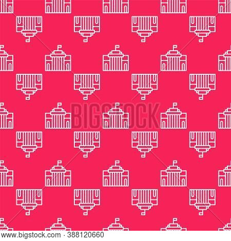 White Line Prado Museum Icon Isolated Seamless Pattern On Red Background. Madrid, Spain. Vector