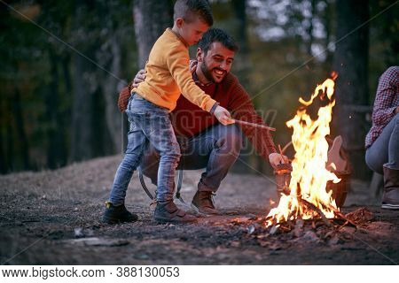 Father and son starting a fire together on a camping; Quality family time concept