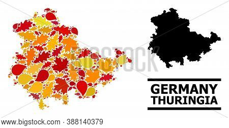 Mosaic Autumn Leaves And Solid Map Of Thuringia State. Vector Map Of Thuringia State Is Formed With 