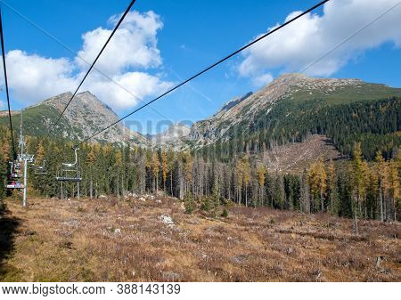 Strbskie Pleso, Slovakia - October 10, 2018: Chairlift From Strbske Pleso To Solisko In The High Tat