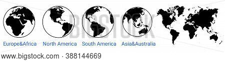 Globe World Icon. World Map. Globe Of Asia Australia, Europe, Africa, North America, South America. 